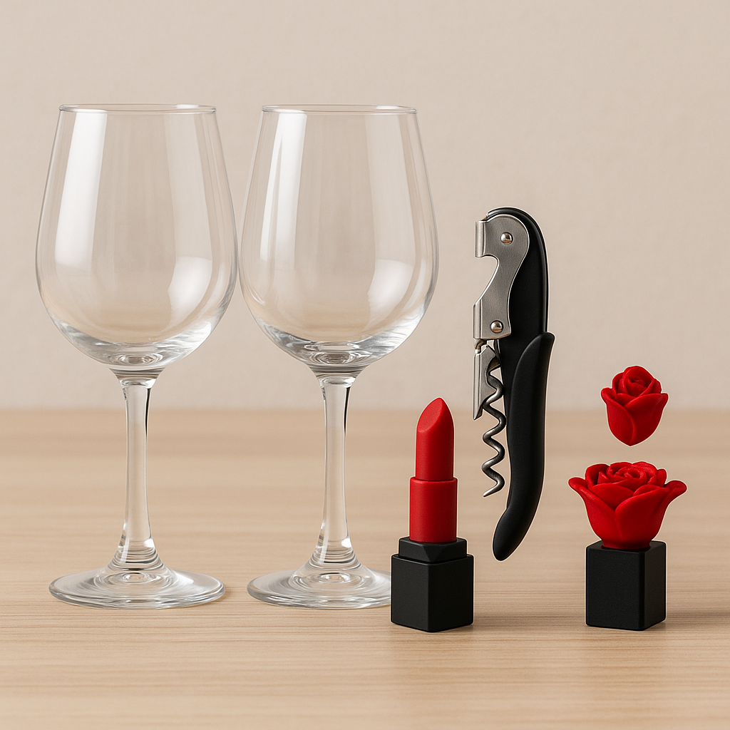 Aopigavi Wine Gift Set, 2 Wine Glasses, Opener & 2 Stoppers