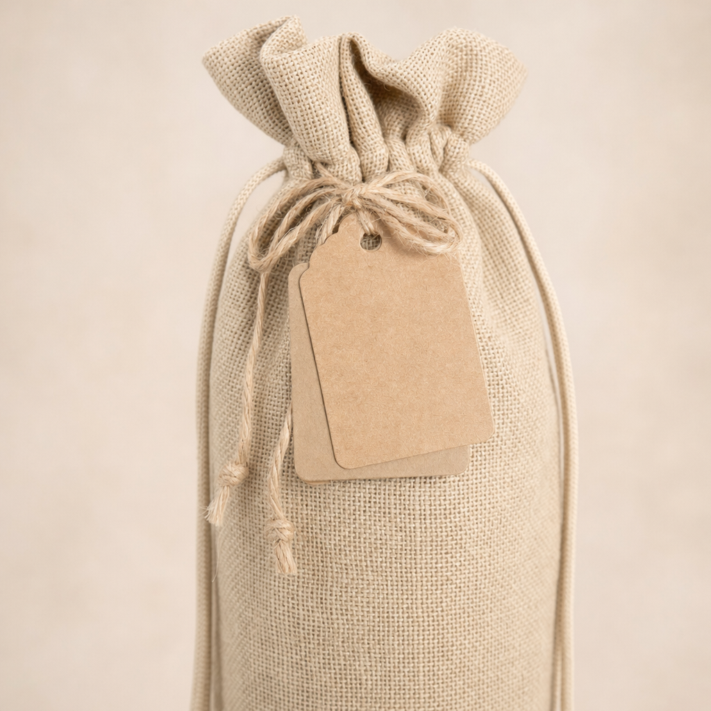 Burlap Wine Bottle Gift Bags with Drawstring Twine & Tags