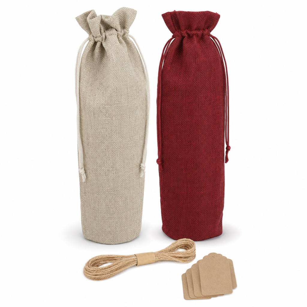 Burlap Wine Bottle Gift Bags with Drawstring Twine & Tags