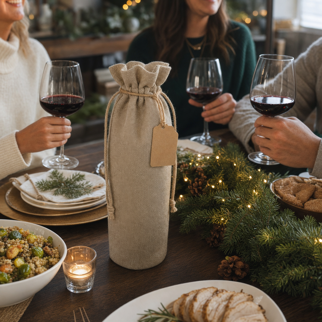 Burlap Wine Bottle Gift Bags with Drawstring Twine & Tags