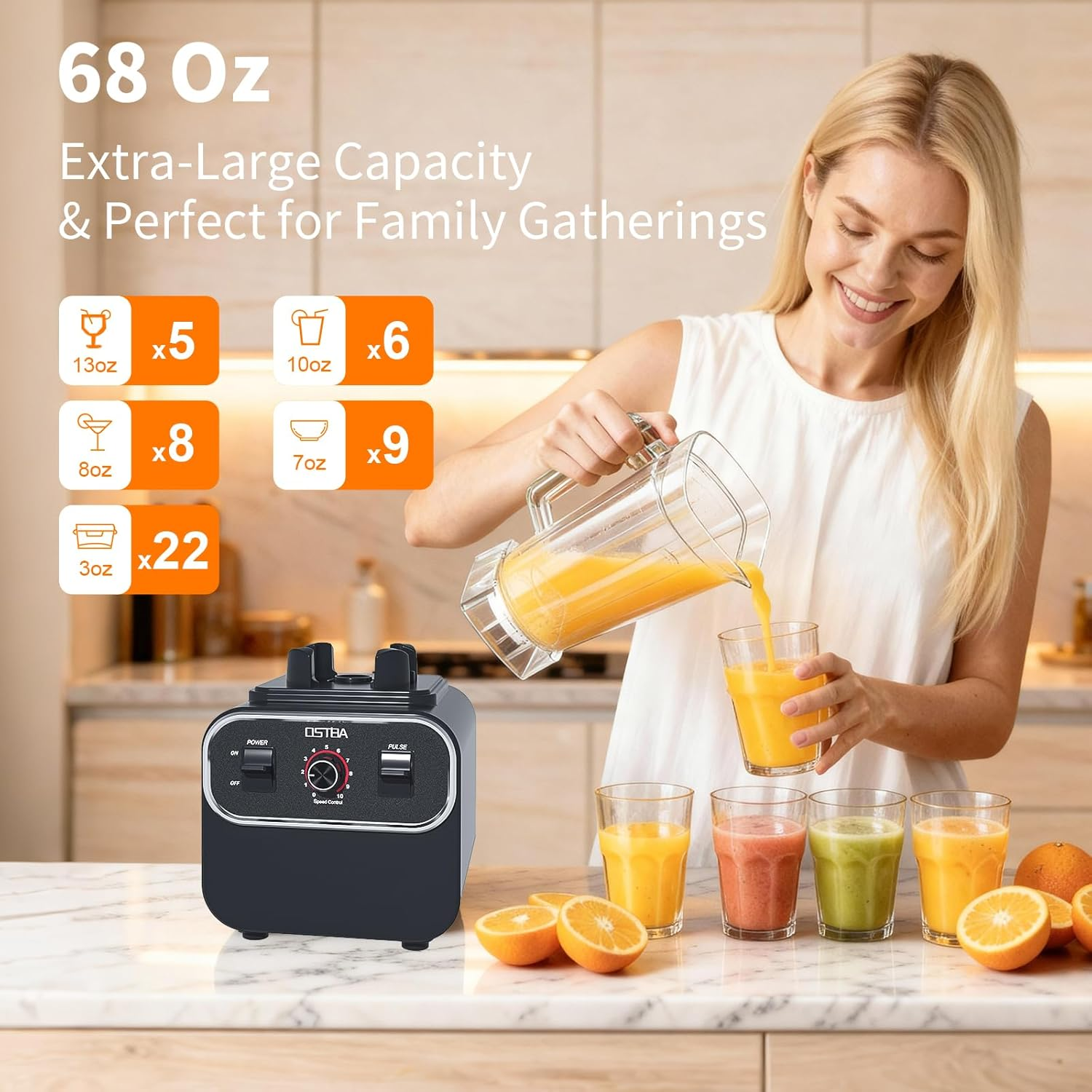 OSTBA 1600W Professional Blender - 10-Speed, 68oz BPA-Free Pitcher for Smoothies & Ice Crushing