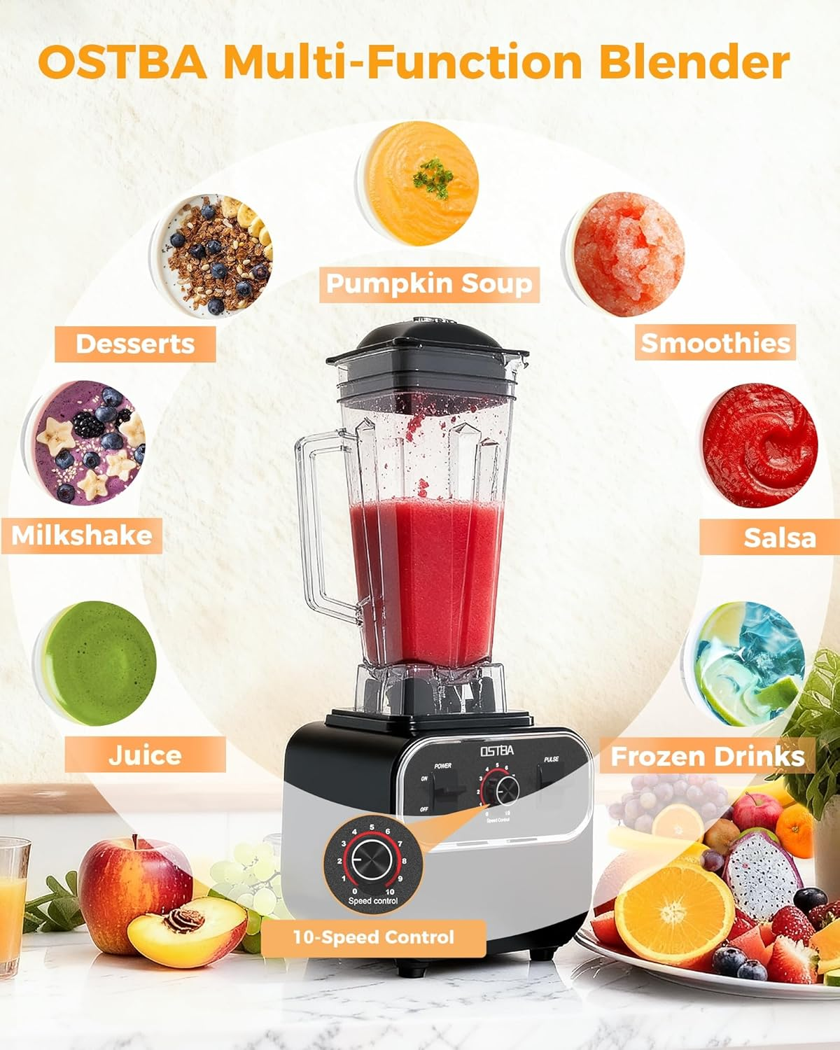 OSTBA 1600W Professional Blender - 10-Speed, 68oz BPA-Free Pitcher for Smoothies & Ice Crushing