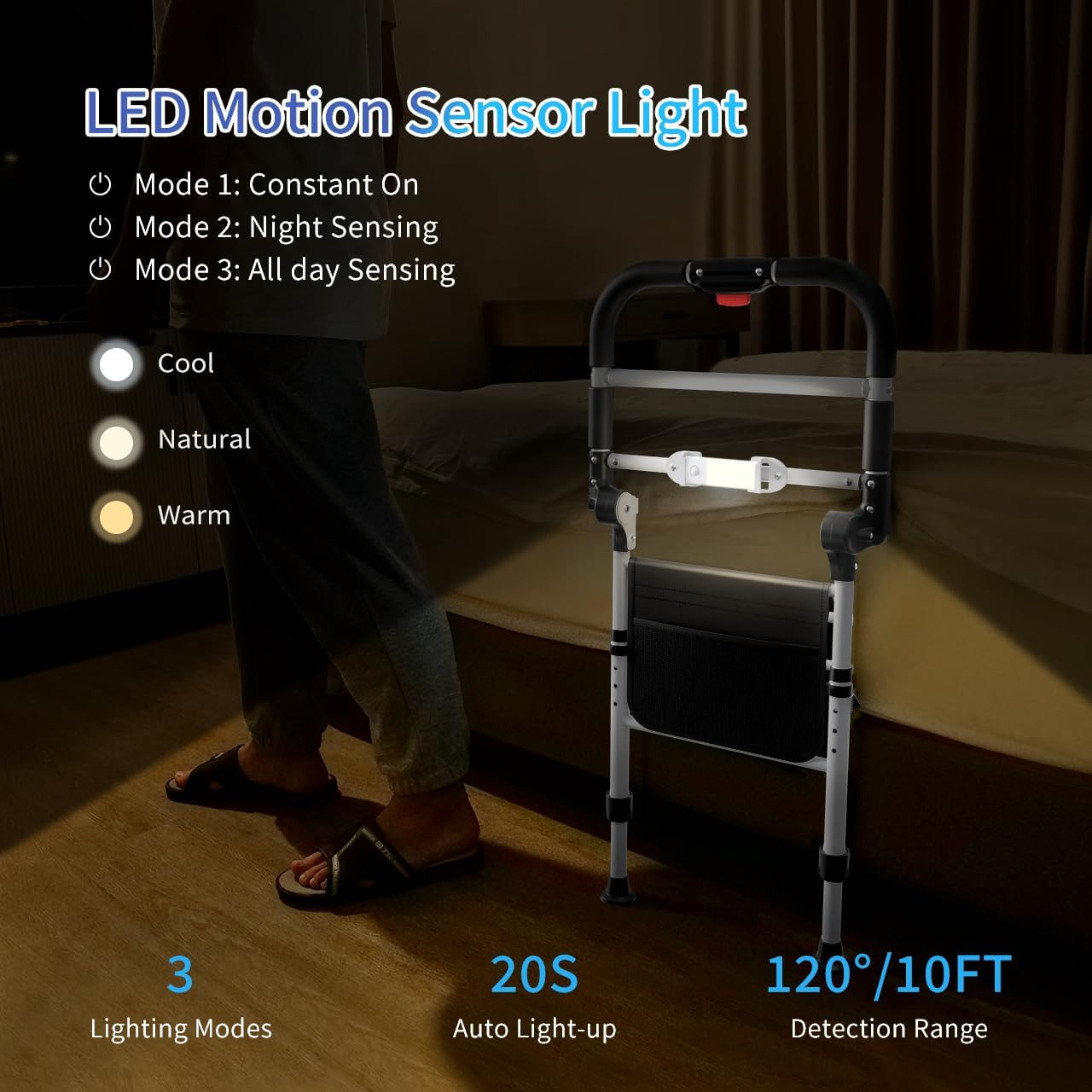 Bed Rails for Elderly Adults - Adjustable Safety Grab Bars with LED Night Lights