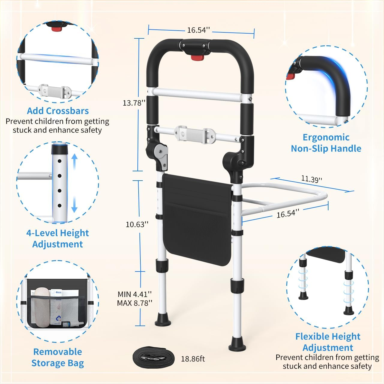 Bed Rails for Elderly Adults - Adjustable Safety Grab Bars with LED Night Lights
