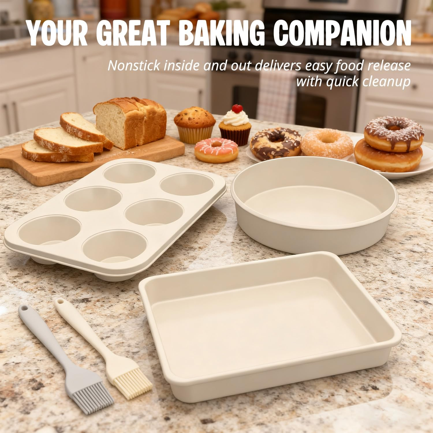 3-Piece Nonstick Bakeware Set - Carbon Steel Cookie Sheet, Cake Pan & Muffin Tray