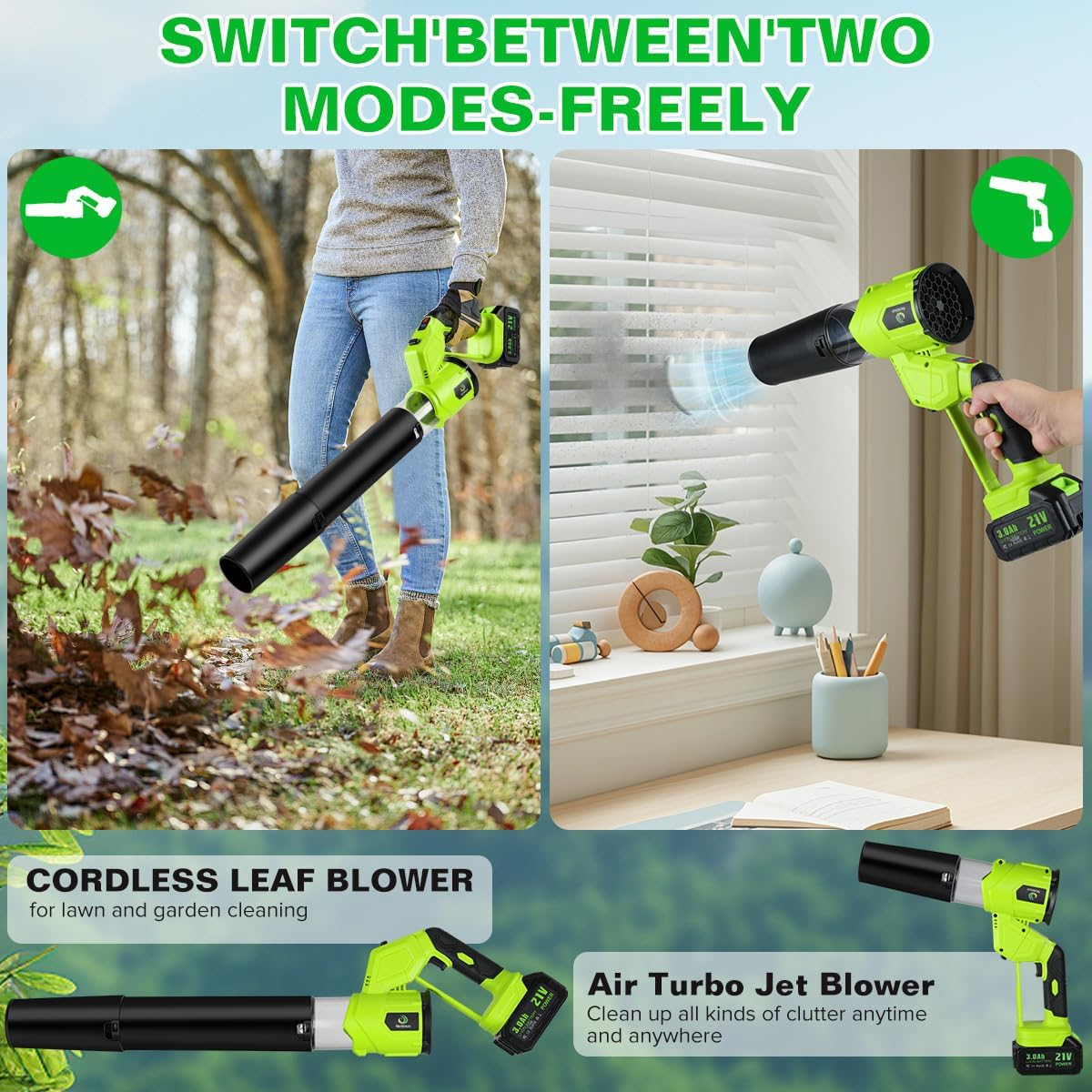 21V Cordless Leaf Blower with 2 Batteries & Charger - 4 Speed Modes