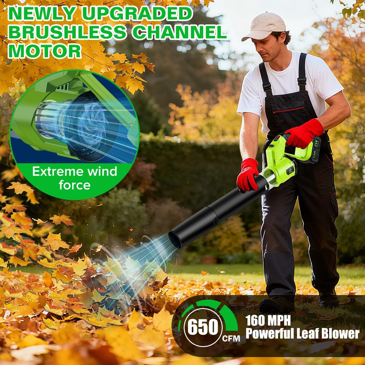 21V Cordless Leaf Blower with 2 Batteries & Charger - 4 Speed Modes