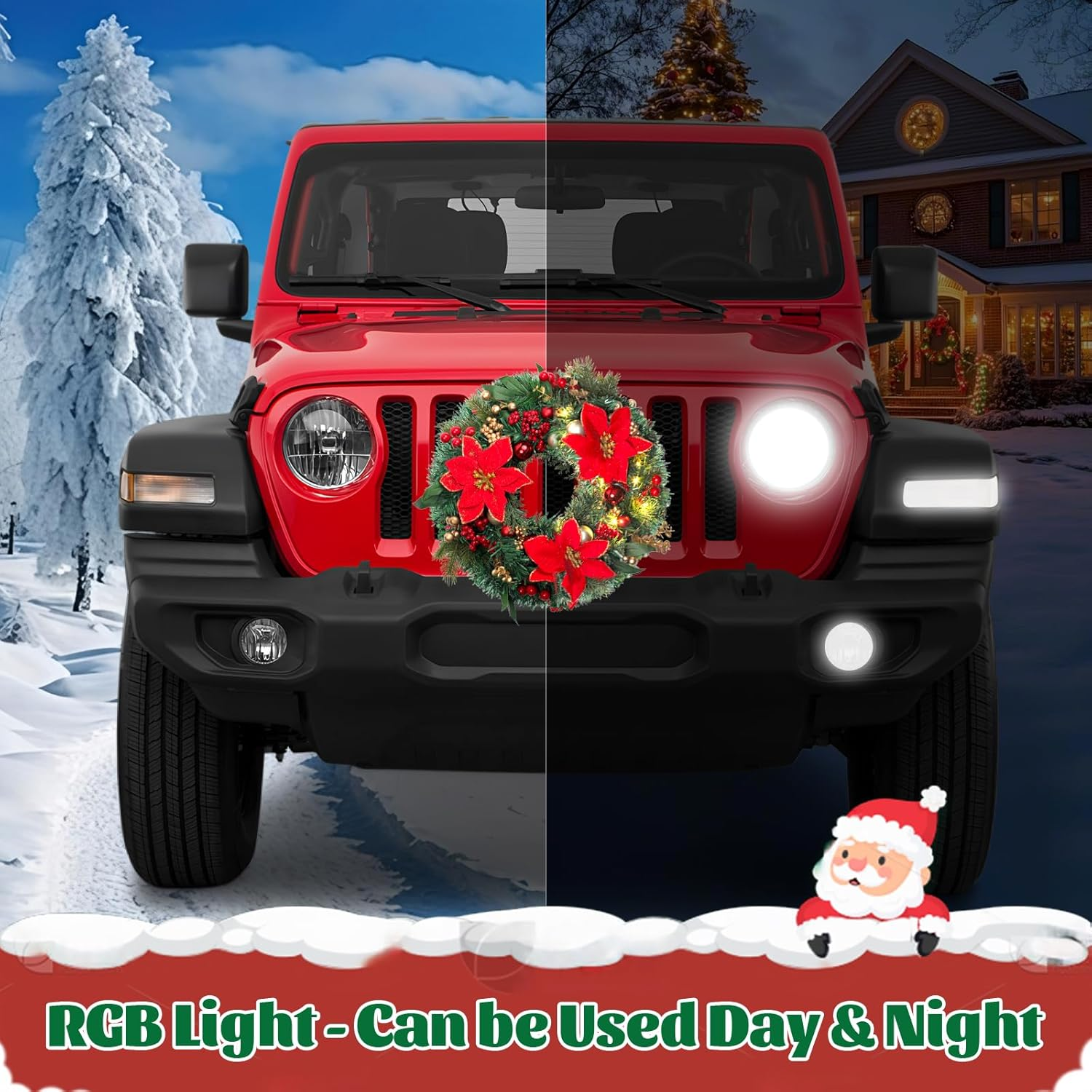 Lighted Christmas Car Wreath - 13" LED Poinsettia Wreath for Front Grill