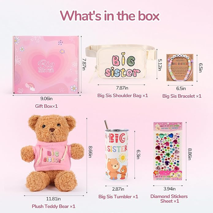 Big Sister Gift Set - 6-Piece New Sibling Gift for Girls with Plush Bear