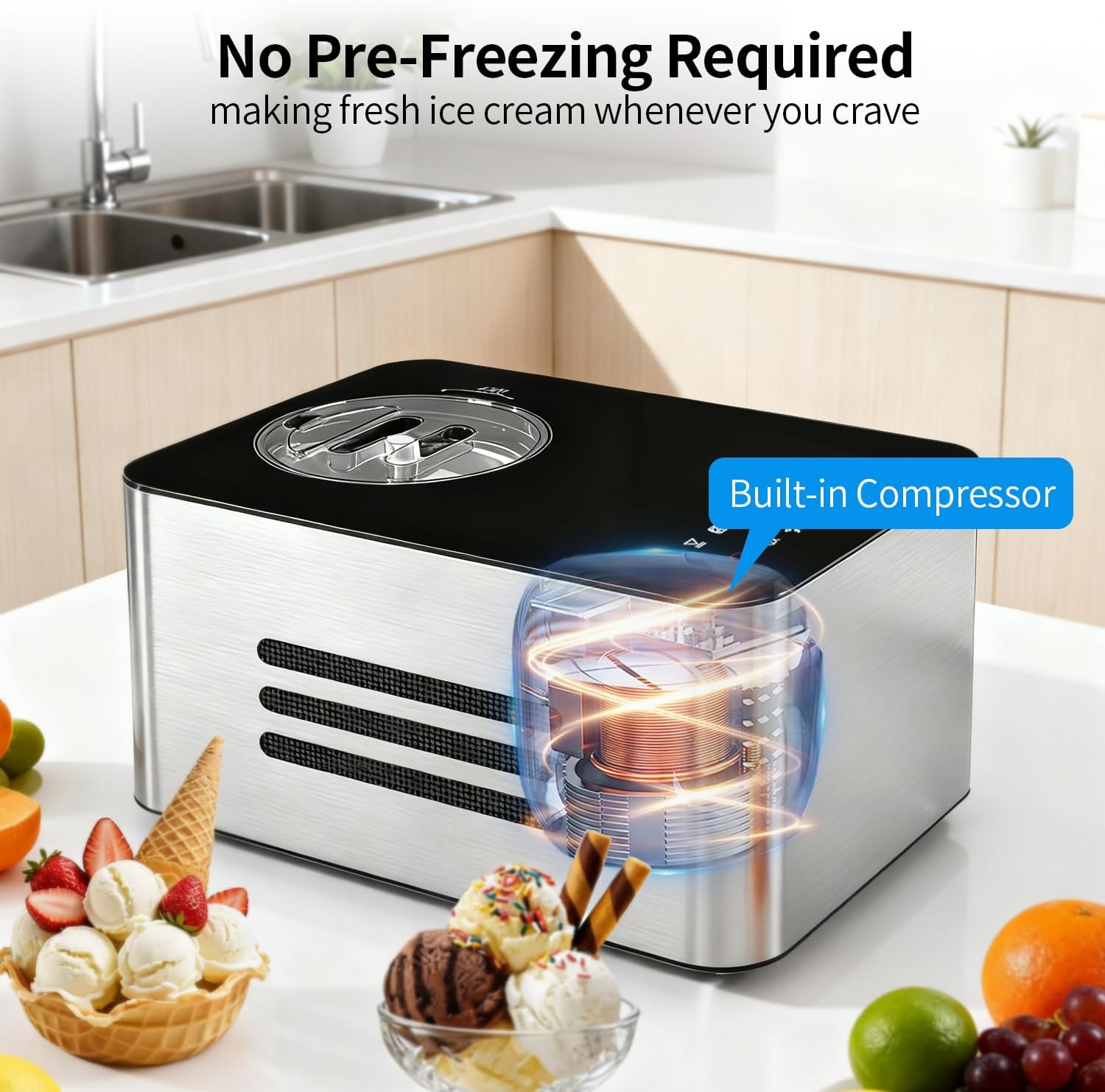 Ice Cream Maker with Built-In Compressor - 2.1 Qt No Pre-Freeze Machine
