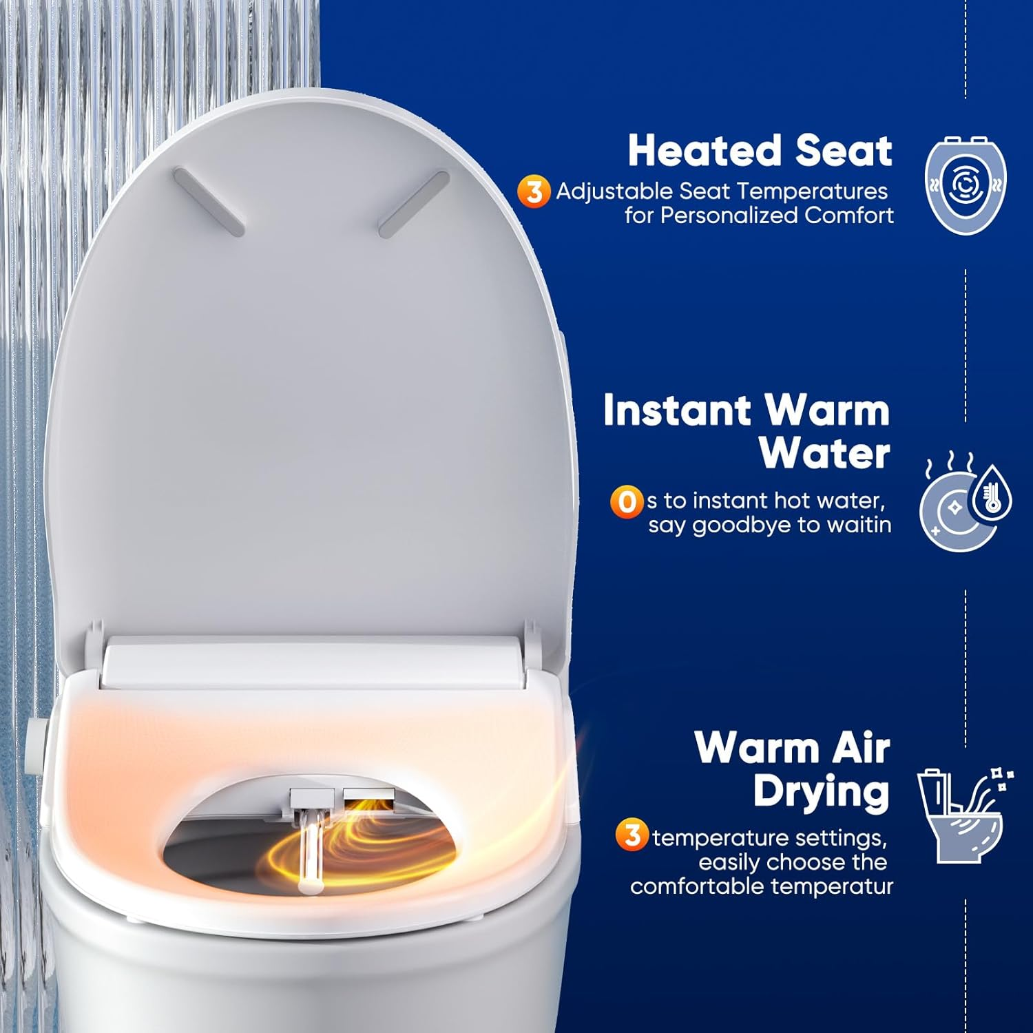 Bidet Toilet Seat Elongated Smart Heated Toilet Seat with Warm Water & Dryer, Feminine & Child Wash, Self-Clean Stainless Steel Nozzle,