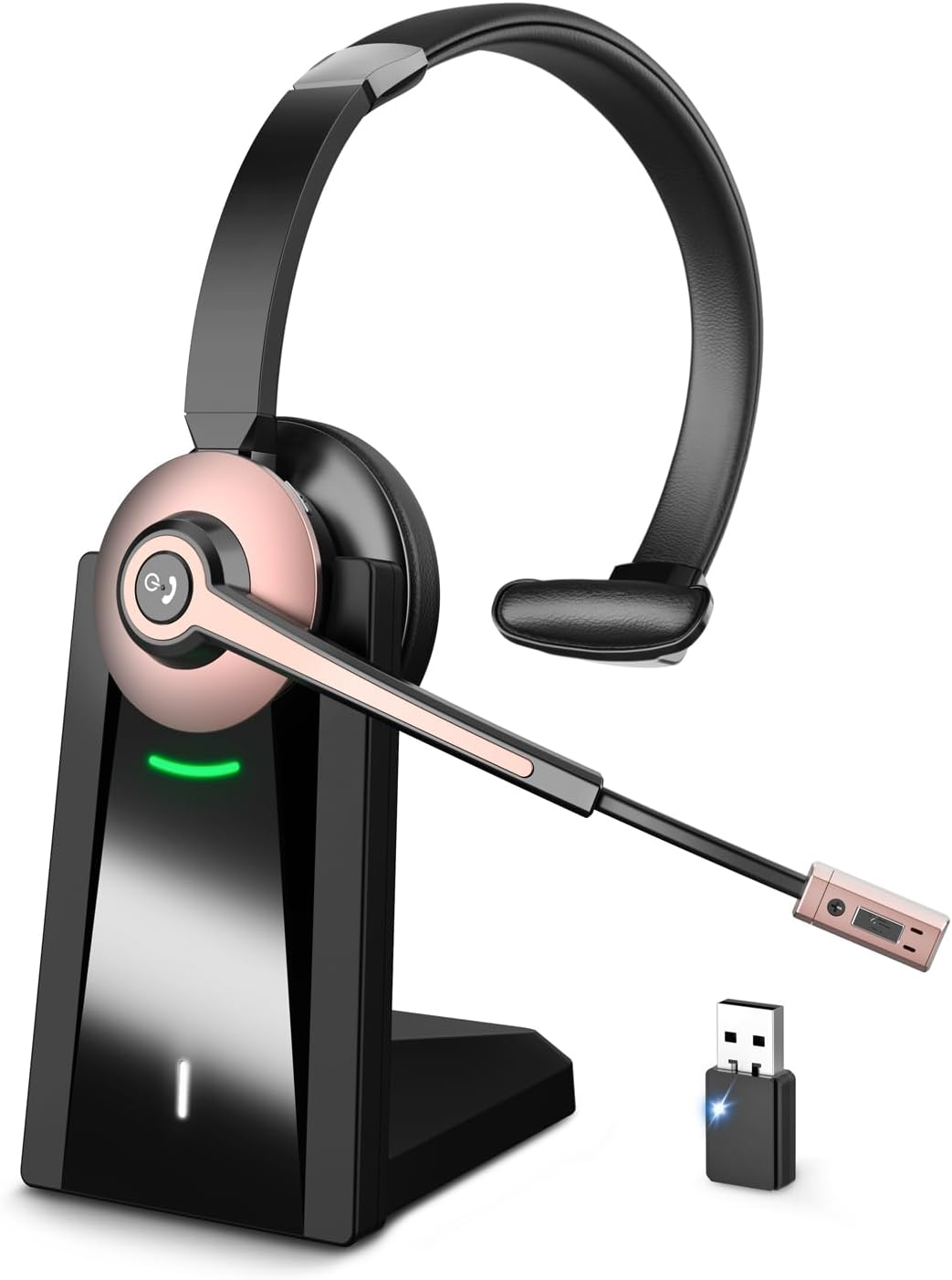Wireless Bluetooth Headset with Noise Cancelling Mic & Charging Base for Work