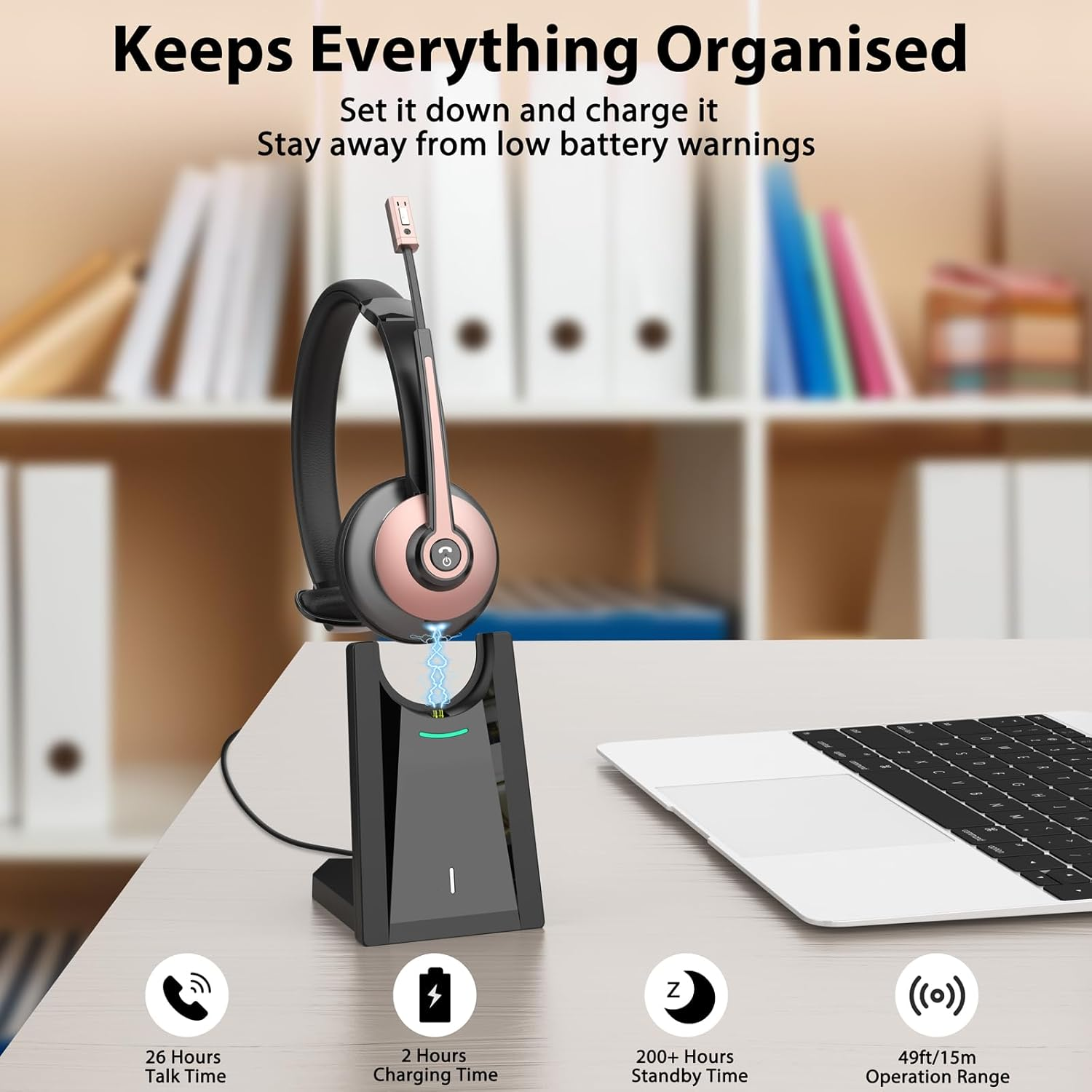 Wireless Bluetooth Headset with Noise Cancelling Mic & Charging Base for Work