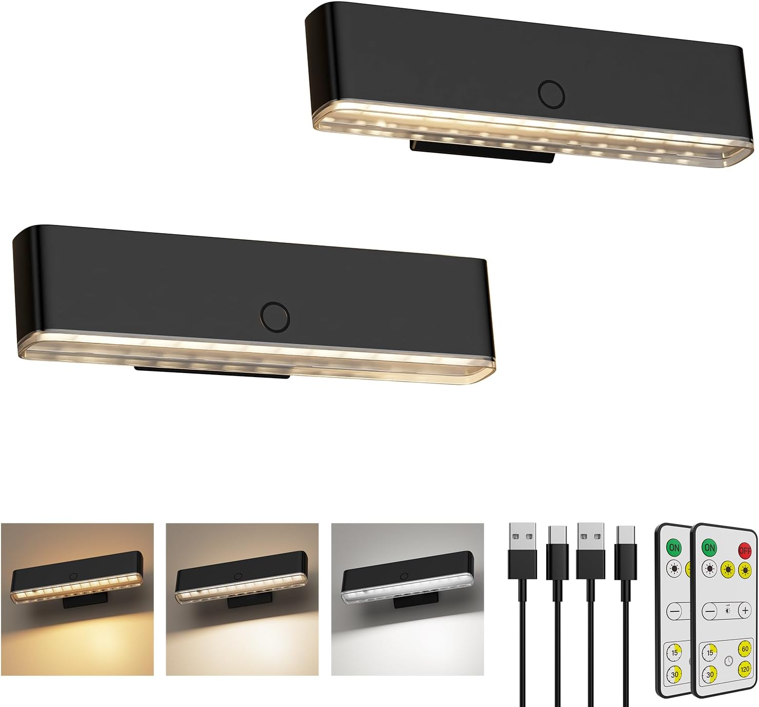 Magnetic Wireless Wall Sconce Set of 2 - Rechargeable Battery Operated LED with Remote & Touch Control