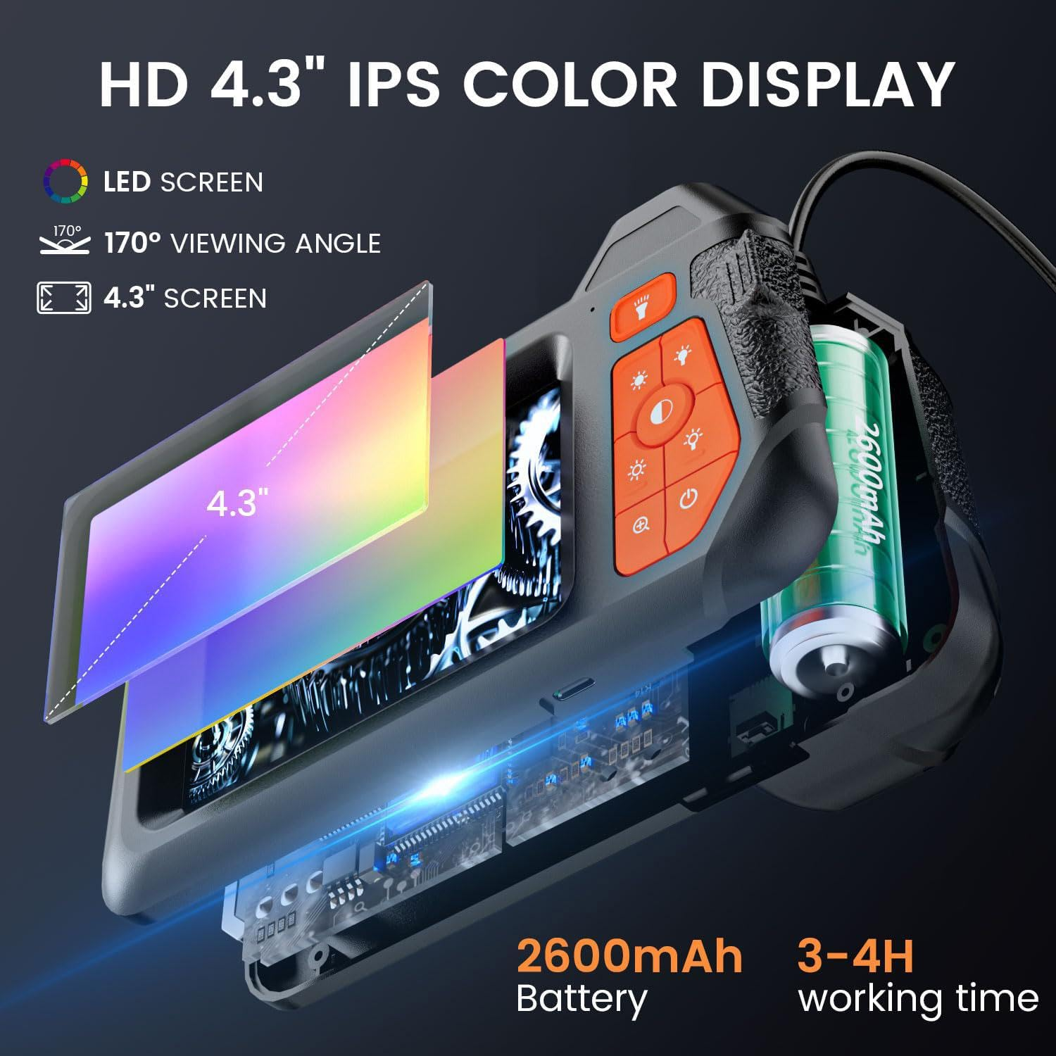 32.8ft Flexible Borescope Camera - 4.3" 1280P HD IP67 Waterproof Inspection Camera