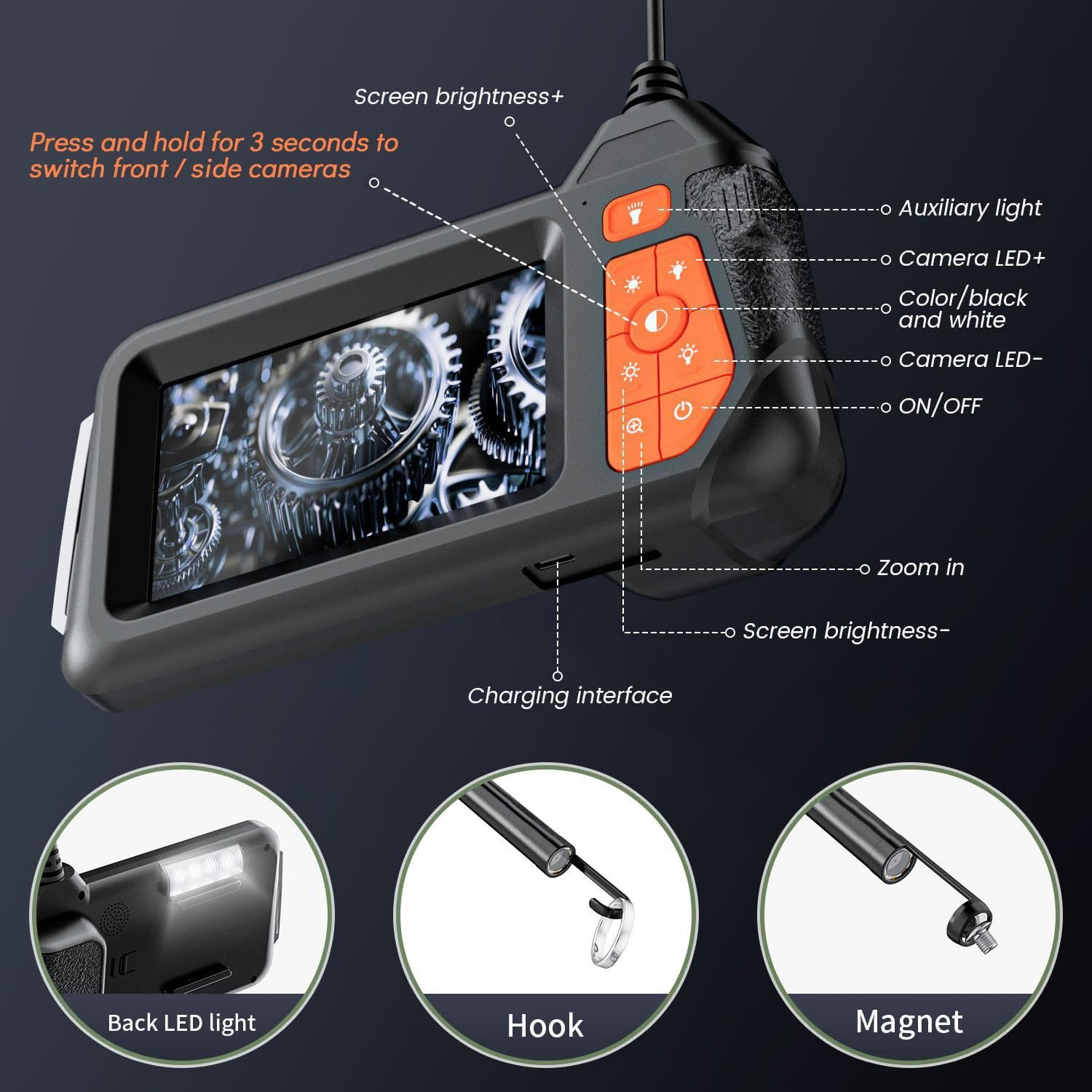 32.8ft Flexible Borescope Camera - 4.3" 1280P HD IP67 Waterproof Inspection Camera
