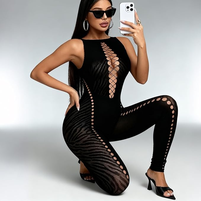 Sheer Mesh Leopard Print Jumpsuit - Sleeveless Bodycon Fishnet Romper for Women | Club & Rave Wear