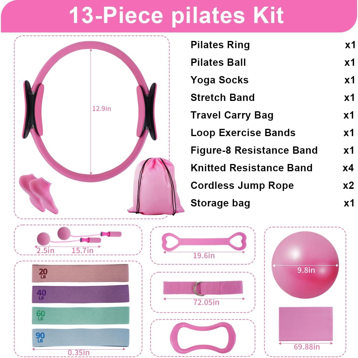 13-in-1 Pilates Kit for Women - Resistance Ring, Mini Ball, Loop Bands & Yoga Accessories