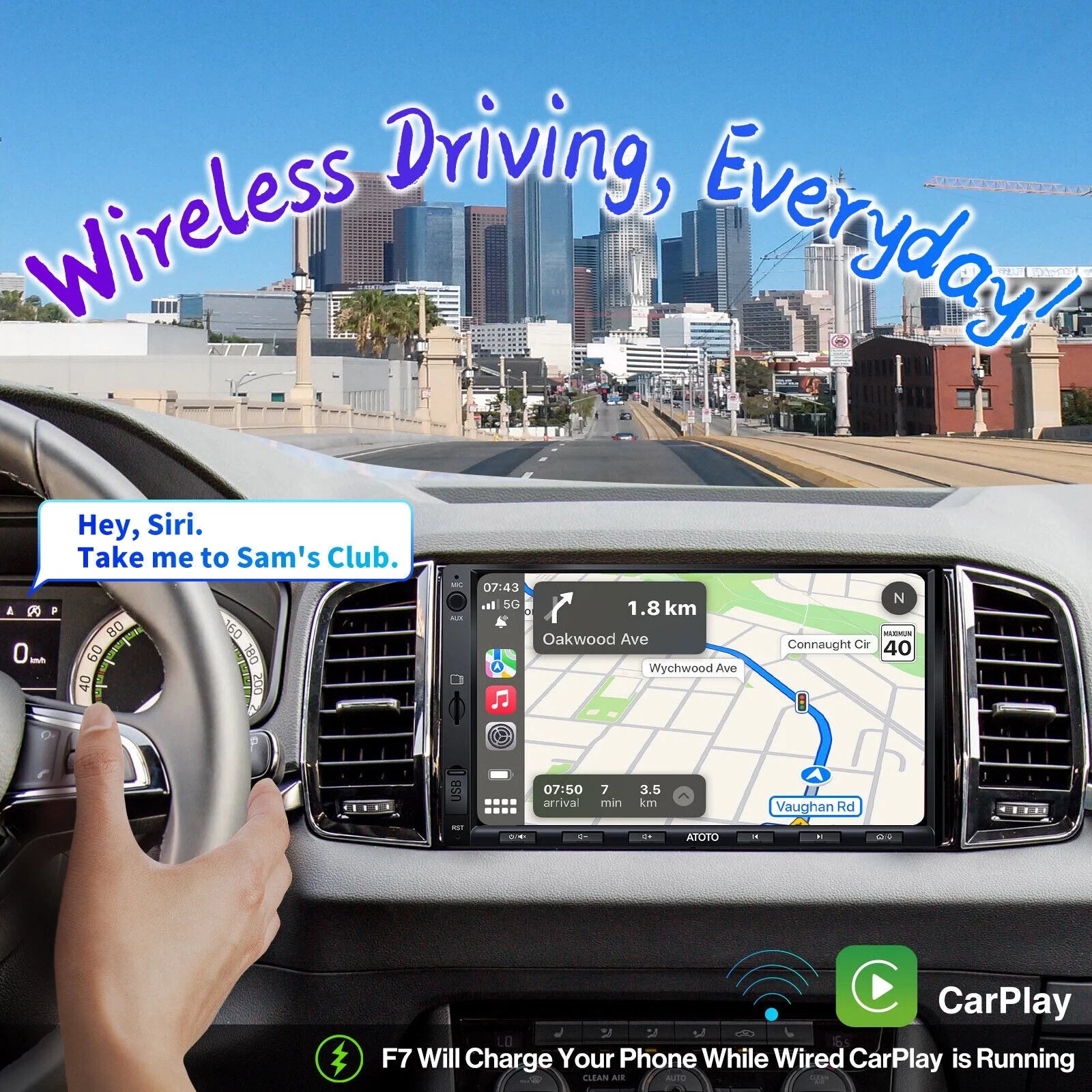 ATOTO Double Din Car Stereo. This advanced 7-inch F7WE model features wireless connectivity for Apple CarPlay and Android Auto