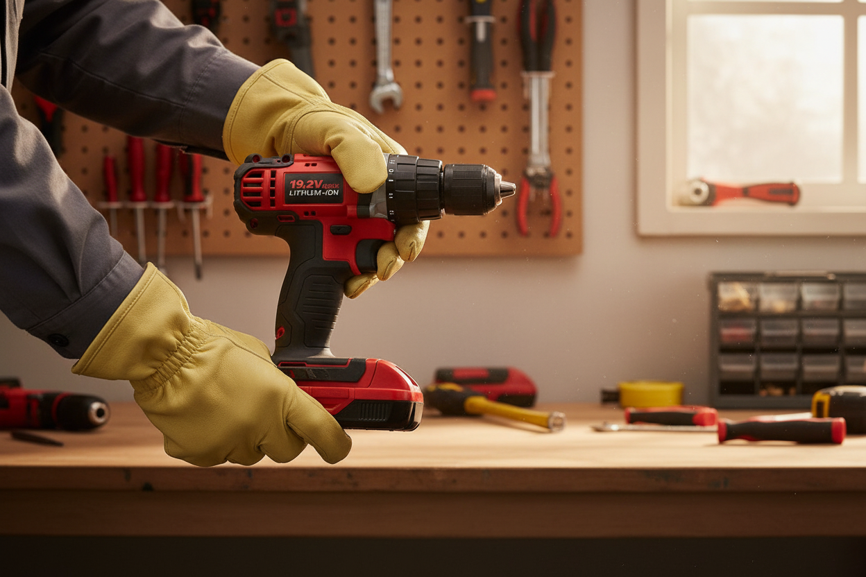 Battery being inserted into drill in garage