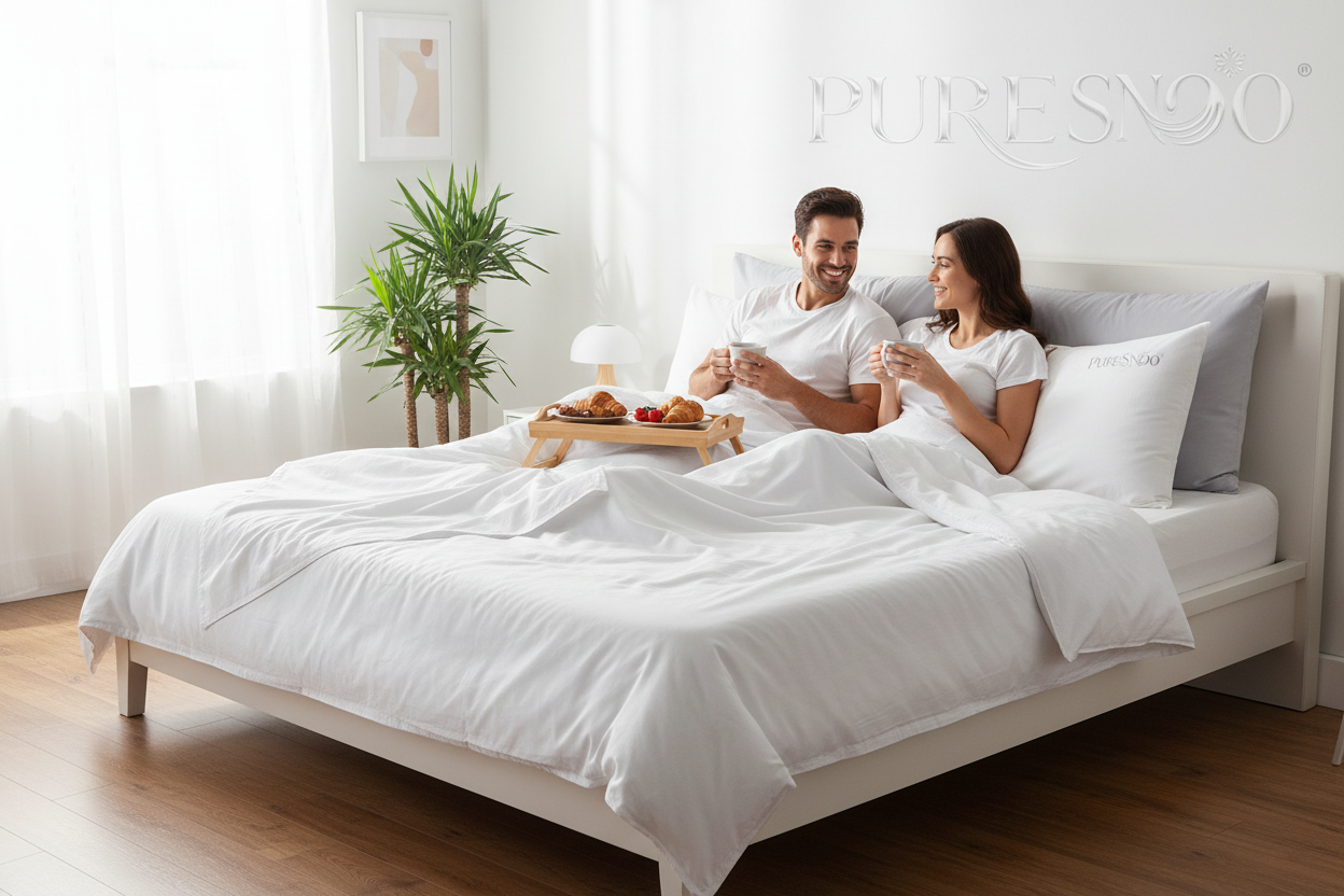 Couple Enjoying Morning with PureSnoo Bedding