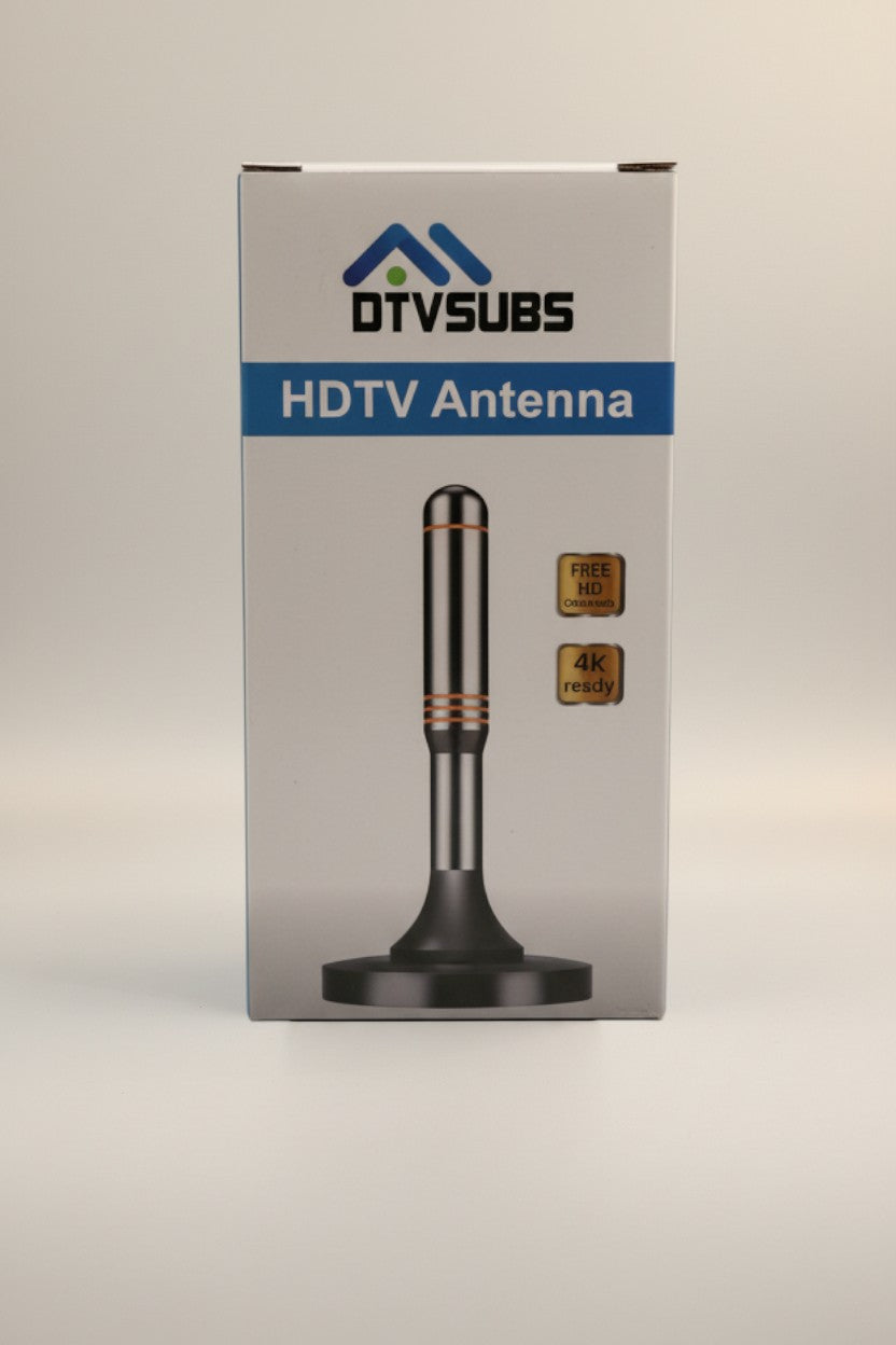 DTVSUBS amplified indoor HDTV antenna for 4K and 1080p broadcasts. Features free HD channels and 4K ready.