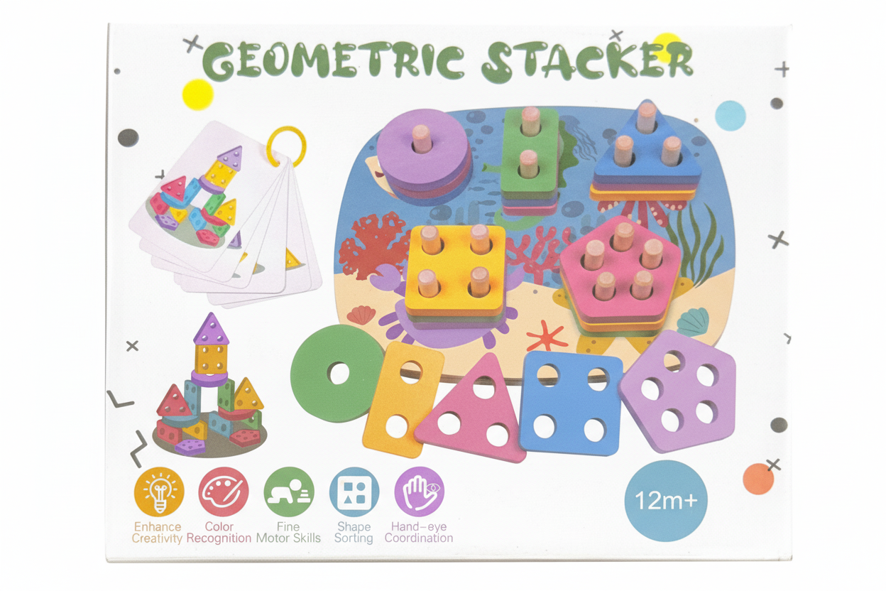 Enhanced eCommerce image of Geometric Stacker toy packaging