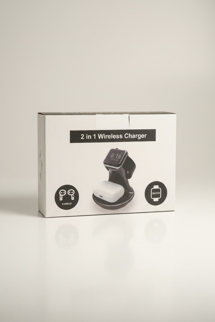 Exquisite Deal Shop 2-in-1 wireless charger with Apple Watch magnetic dock and AirPods Qi charging pad. Black disc.