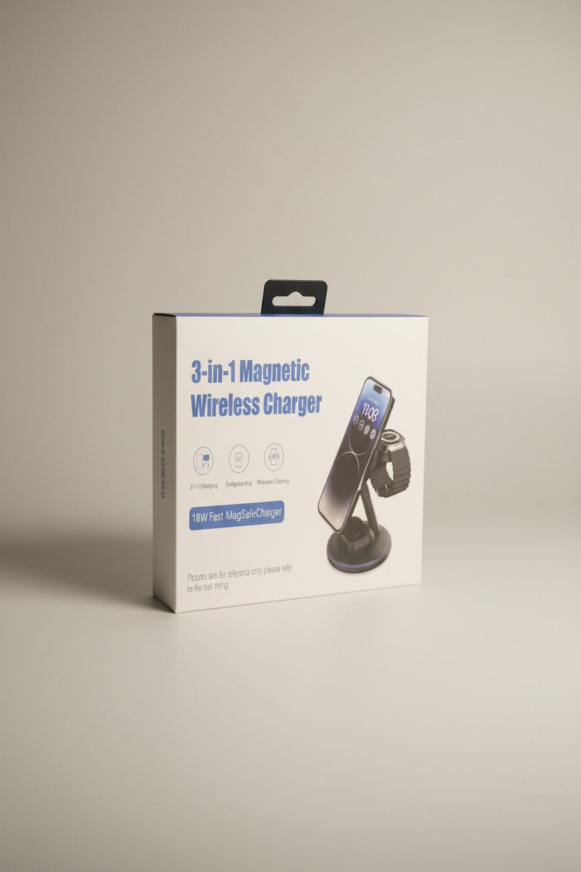 Exquisite Deal Shop 3-in-1 magnetic wireless charger with 18W MagSafe, suction cup base, Apple Watch dock, and AirPods pad.