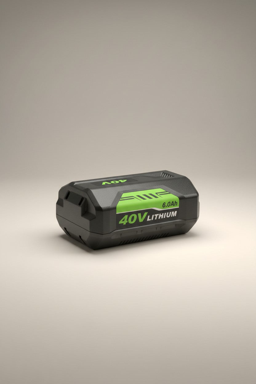 Exquisite Deal Shop 40V 6.0Ah black lithium-ion battery for cordless tools with green accents.