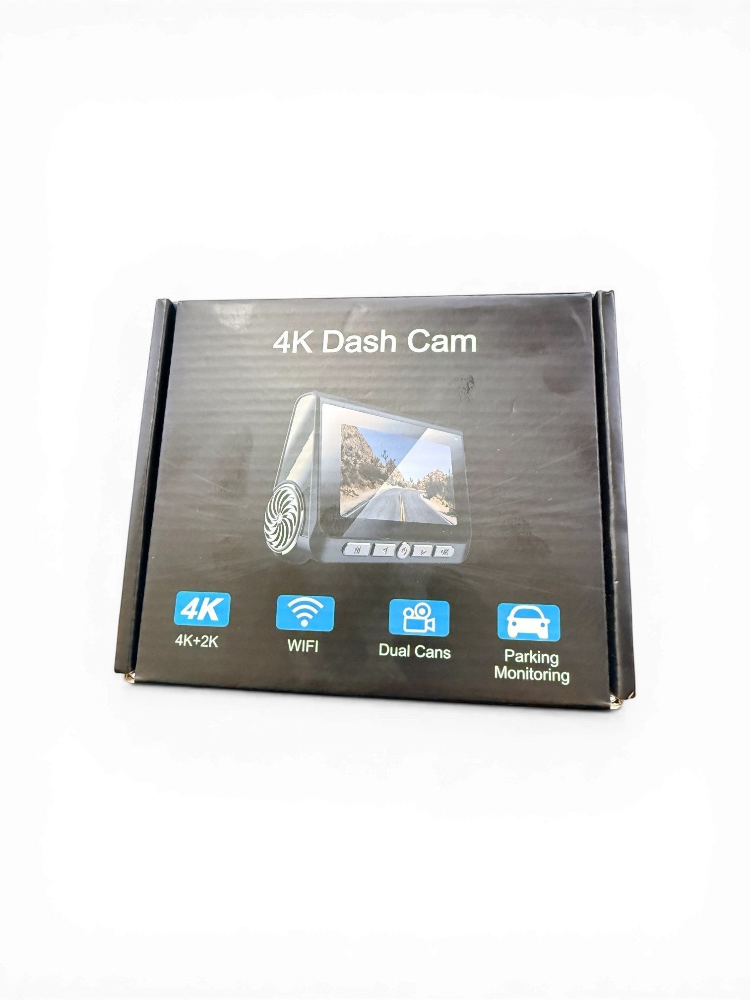 Exquisite Deal Shop 4K dash cam box with icons for 4K+2K, WiFi, Dual Cams, and Parking Monitoring.