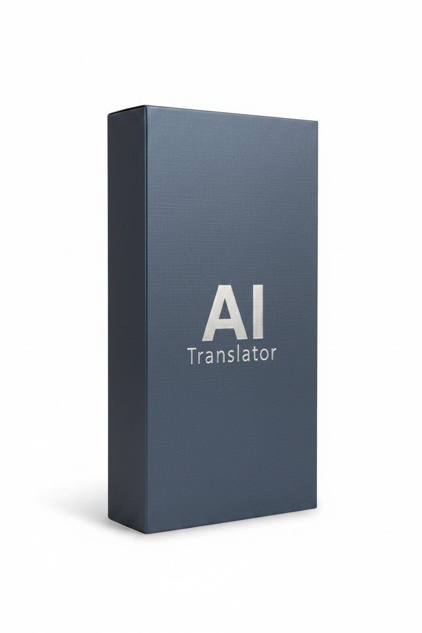 Exquisite Deal Shop AI Translator device packaging, dark blue textured box with silver lettering.