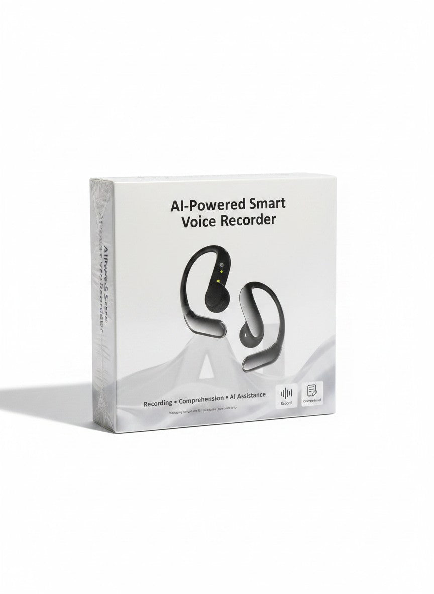 Exquisite Deal Shop AI smart voice recorder, black open-ear hook design for hands-free recording and AI transcription.
