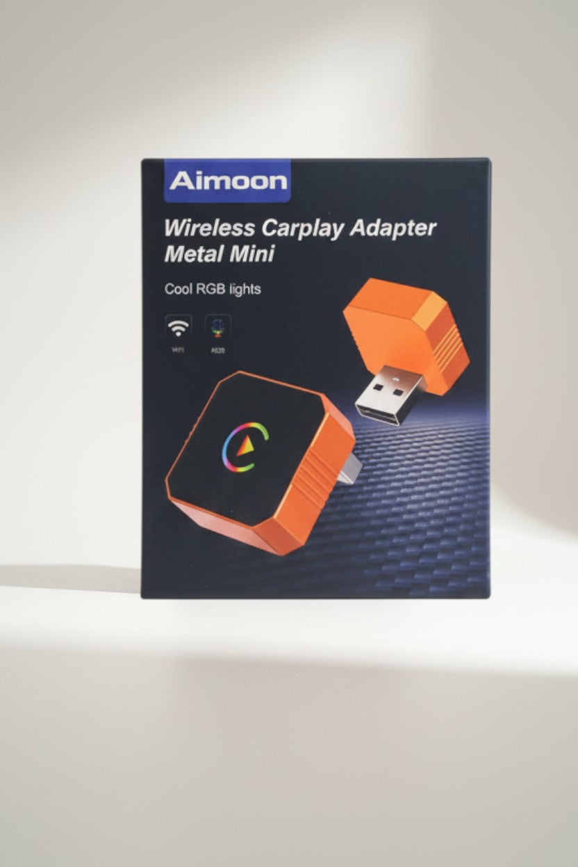 Exquisite Deal Shop Aimoon Wireless CarPlay Adapter Metal Mini with RGB lights, converts wired CarPlay to wireless.