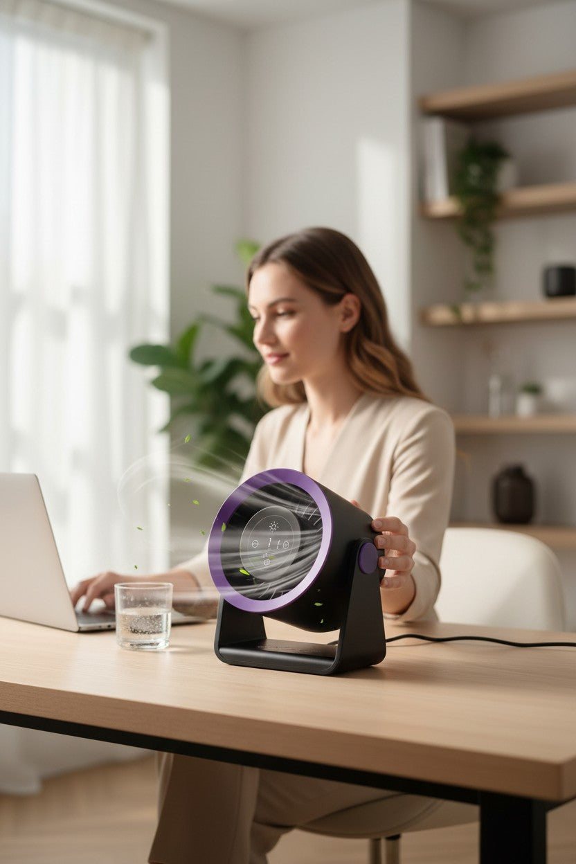 Exquisite Deal Shop Air Circulator Desktop Fan DF04, rechargeable, touch control, purple and black, compact design for desk or small room.