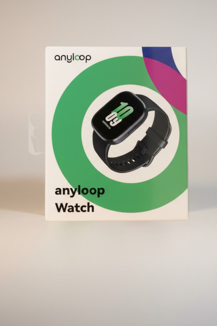 Exquisite Deal Shop Anyloop Smart Watch fitness tracker with heart rate and SpO2 monitoring, black strap.