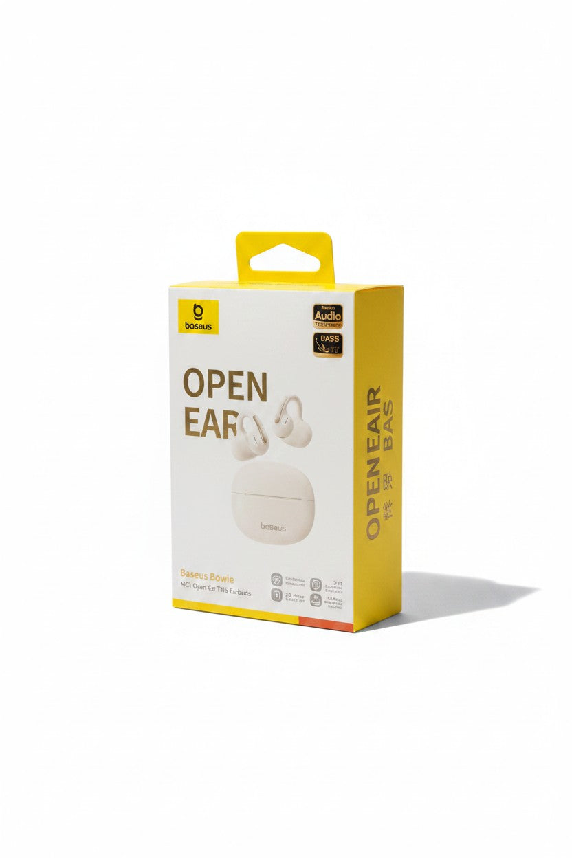 Exquisite Deal Shop Baseus M65 Bowie open-ear wireless earbuds in white packaging with charging case and ear clips.