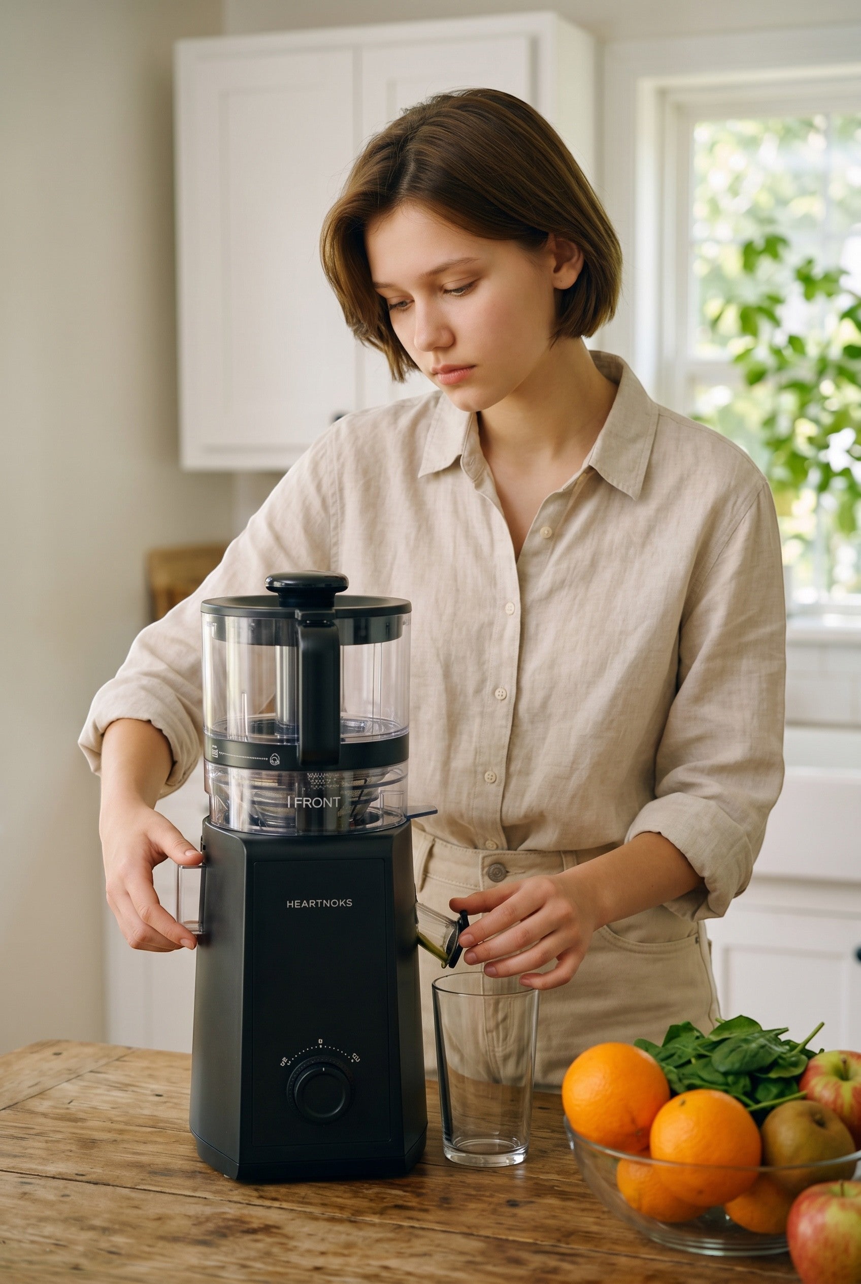 Exquisite Deal Shop black cold press masticating juicer with a woman operating it. Juicer features low oxidation and maximum yield.