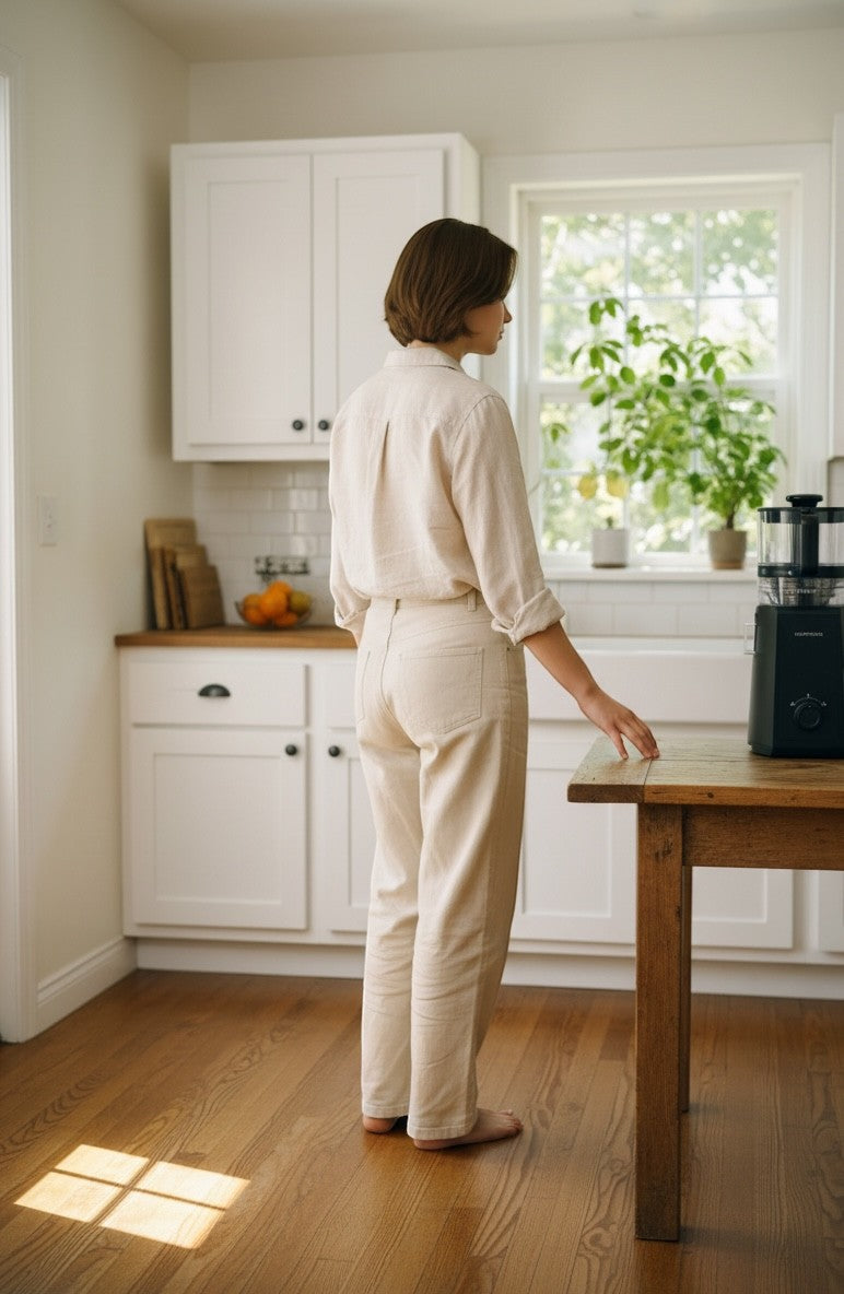 Exquisite Deal Shop black cold press masticating juicer on a wooden table in a bright kitchen.