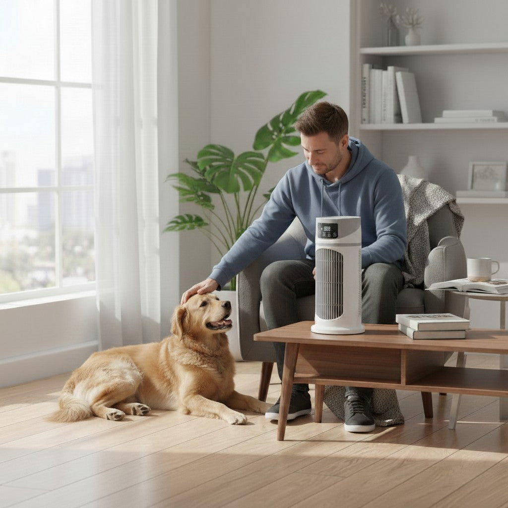 Exquisite Deal Shop white bladeless tower fan with LCD display and remote control on a coffee table.