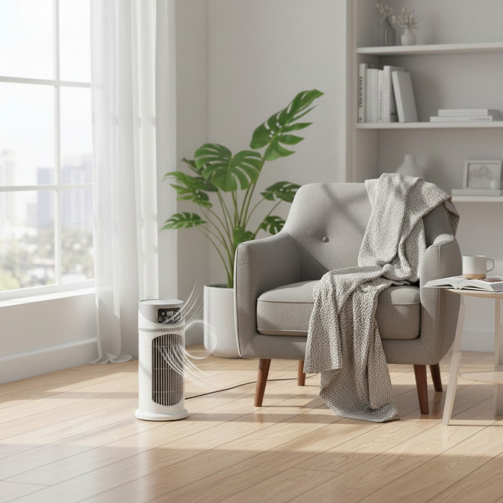 Exquisite Deal Shop white bladeless tower fan with LCD display and remote control, quiet oscillating, 8-speed settings.