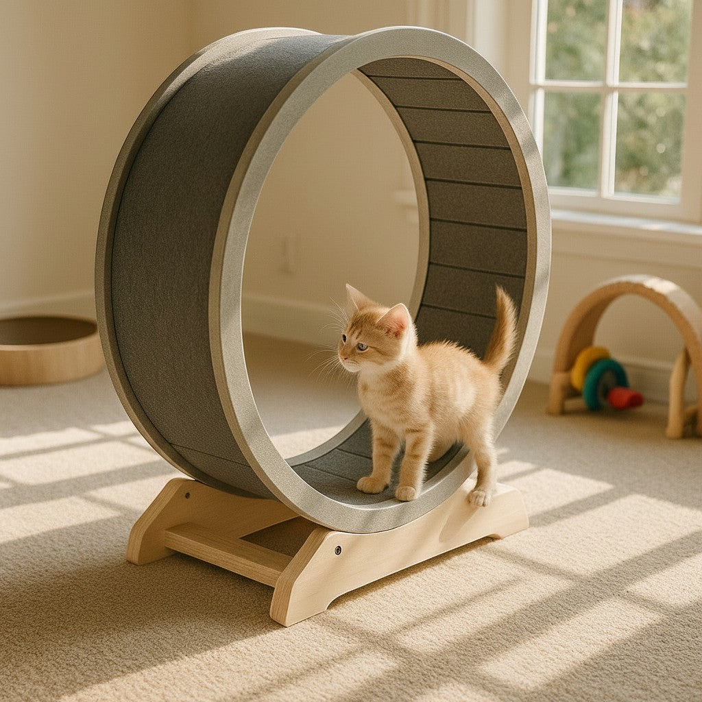 Exquisite Deal Shop 34 inch large grey cat exercise wheel with wooden base, two kittens exploring.