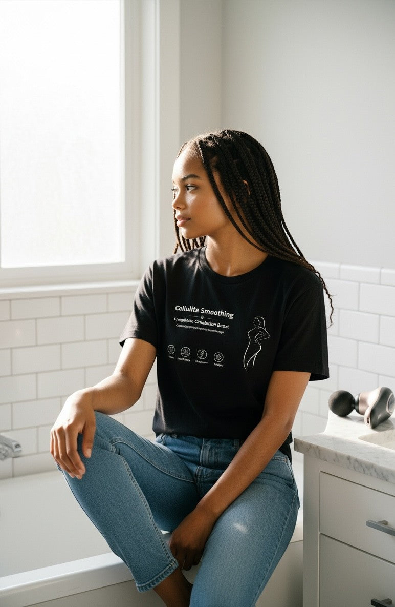 Exquisite Deal Shop black t-shirt with cellulite smoothing and lymphatic circulation boost graphics, featuring a silhouette of a toned body.