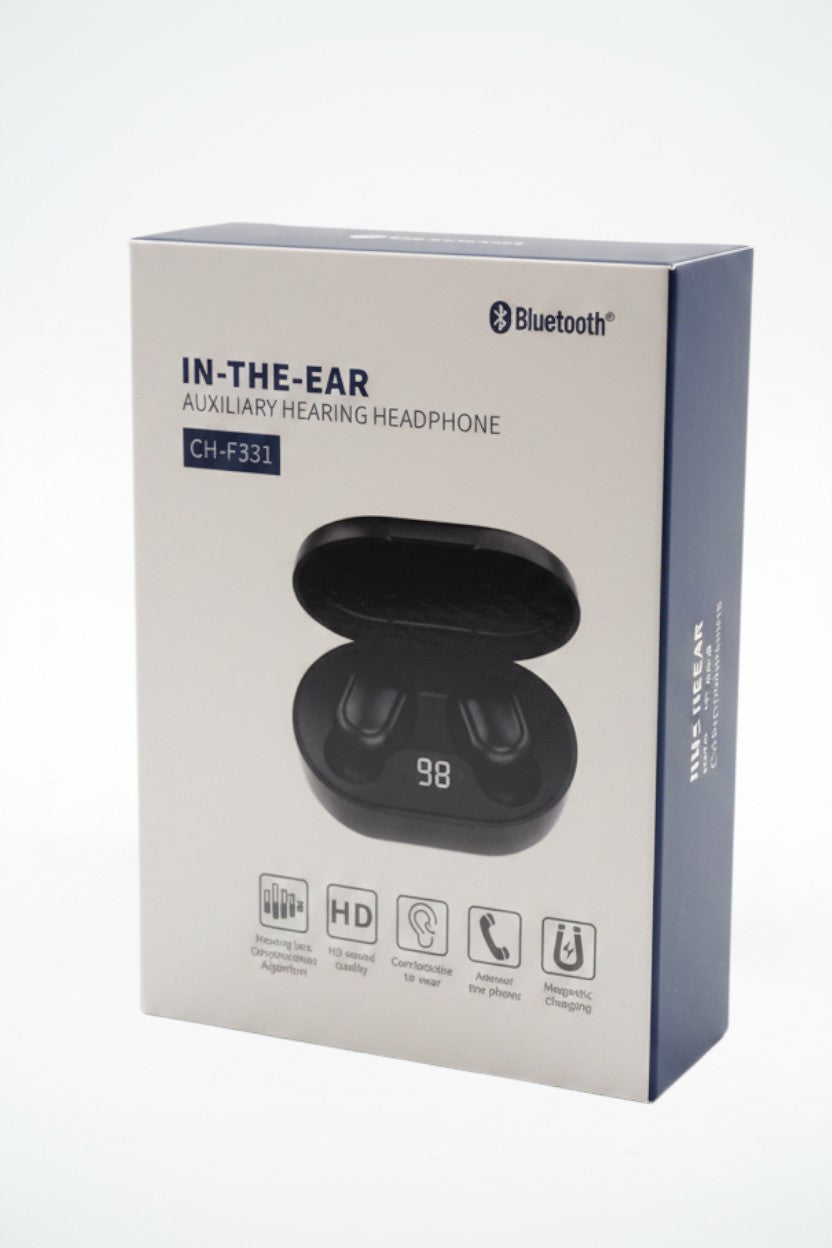 Exquisite Deal Shop CH-F331 Bluetooth hearing aid earbuds in retail packaging with magnetic charging case