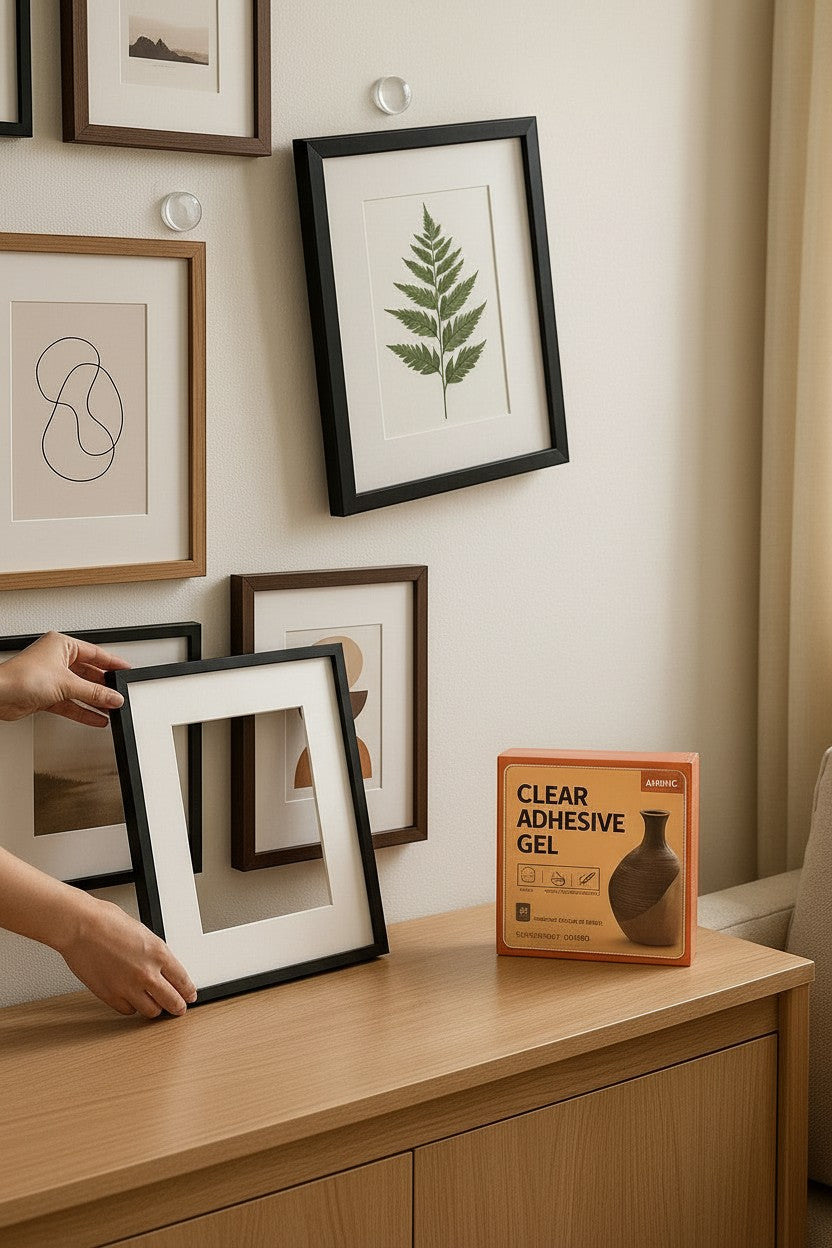 Exquisite Deal Shop AXPEPPY clear adhesive gel holds framed art and collectibles invisibly to walls and shelves without damage.