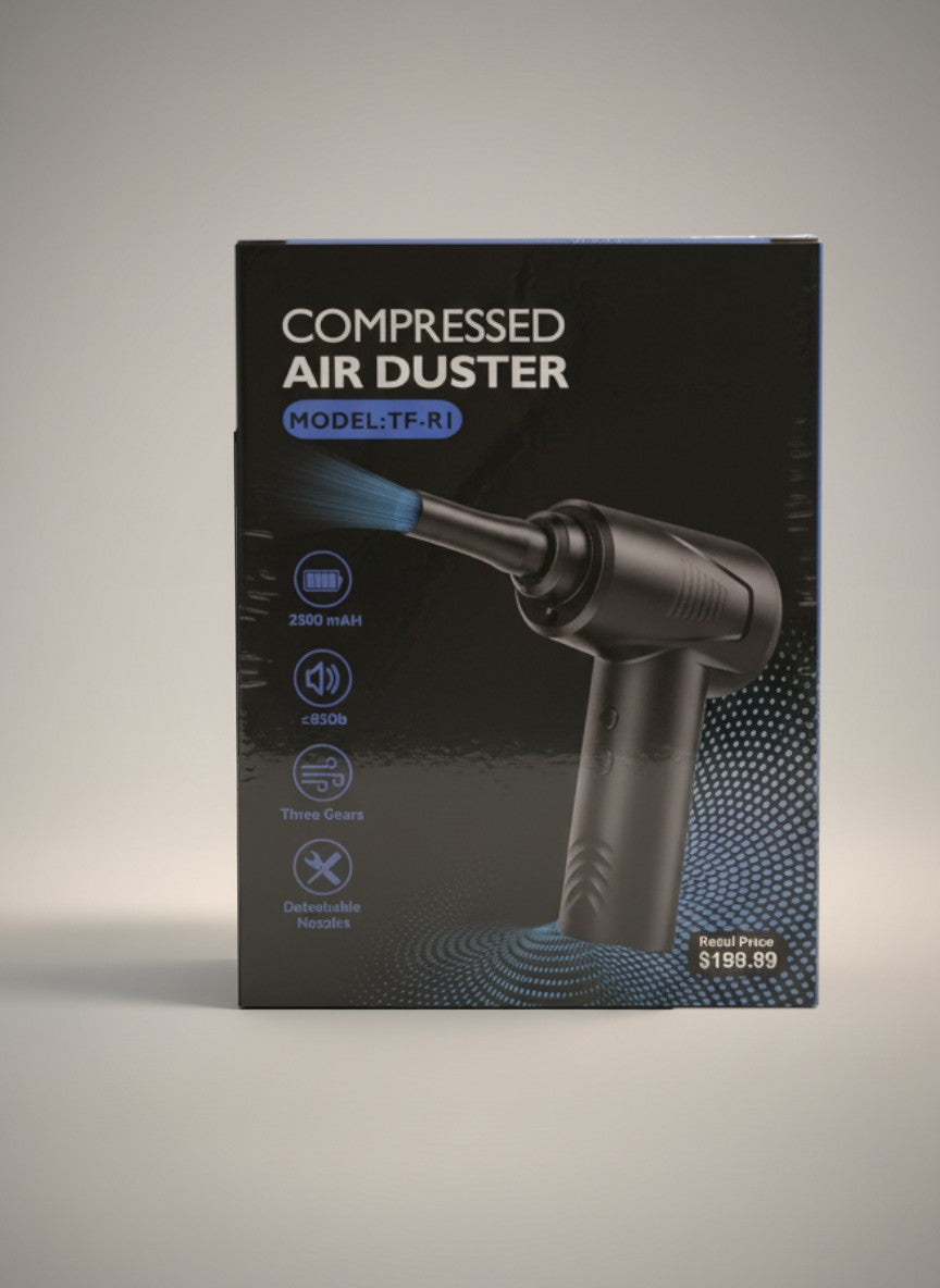 Exquisite Deal Shop Compressed Air Duster TF-R1, cordless, rechargeable, with brushless motor, USB-C, and multiple nozzles.