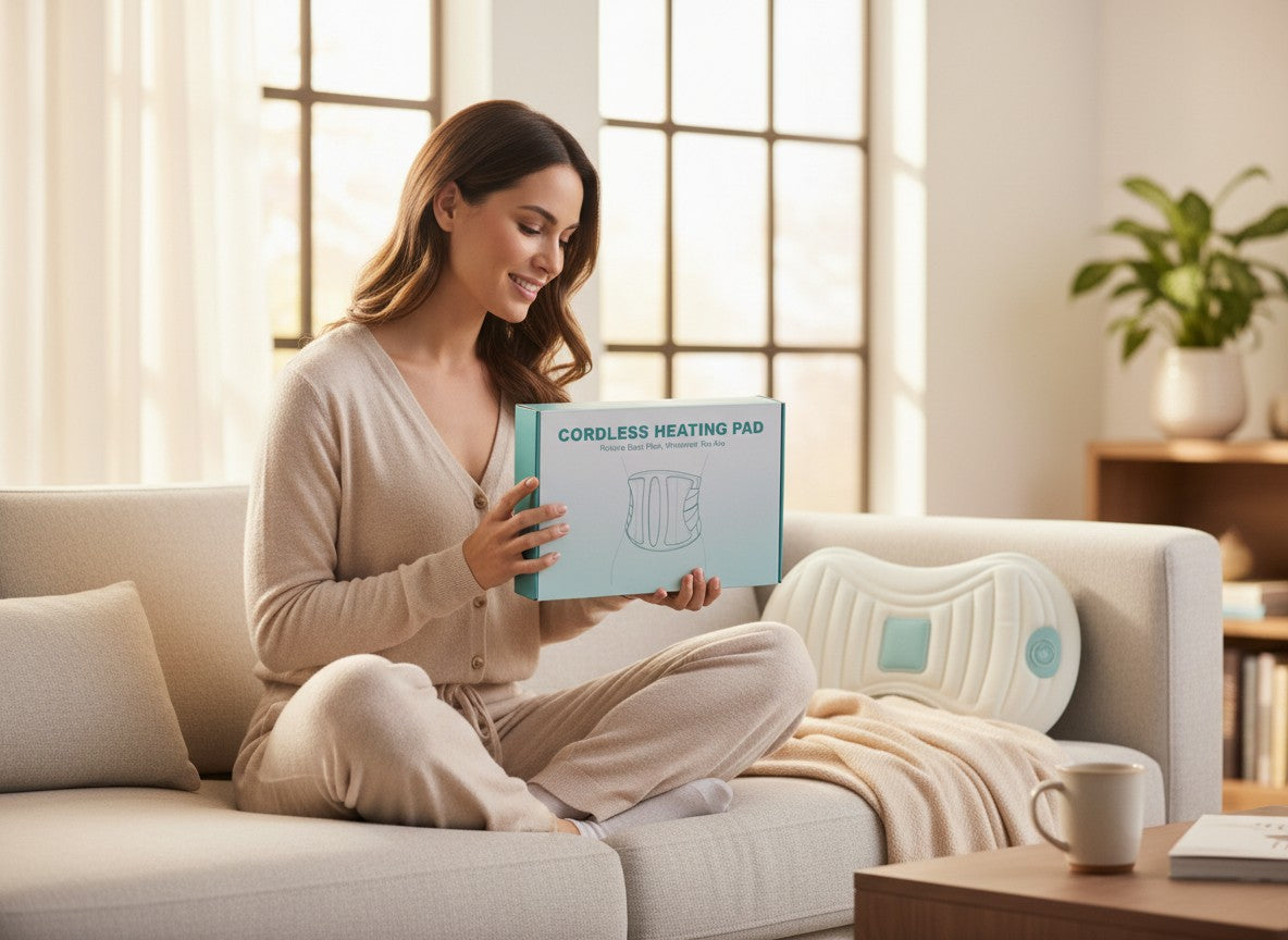 Exquisite Deal Shop cordless heating pad for back pain relief, rechargeable and portable with 3 heat levels and auto-timer.