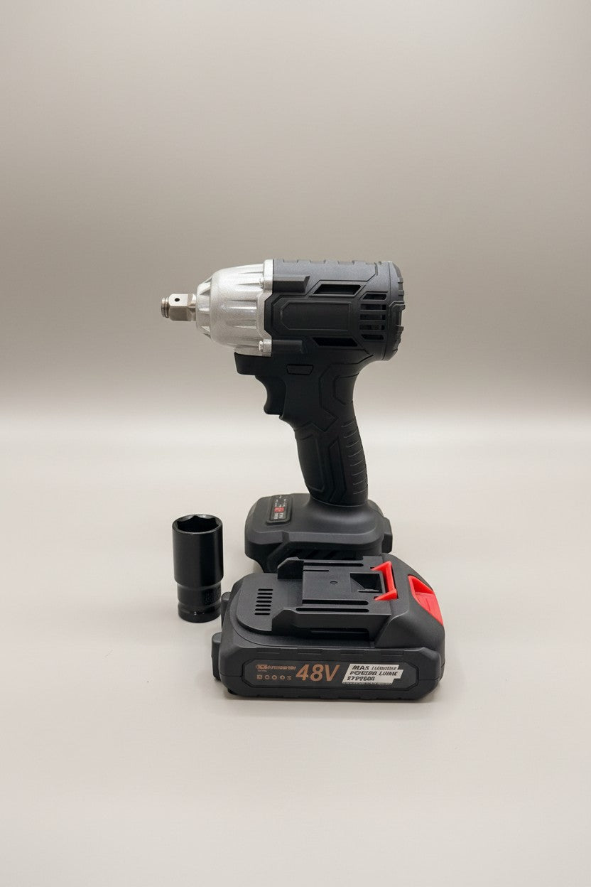Exquisite Deal Shop 48V cordless impact wrench with brushless motor, 1/2 inch anvil, and high torque. Includes battery and socket.