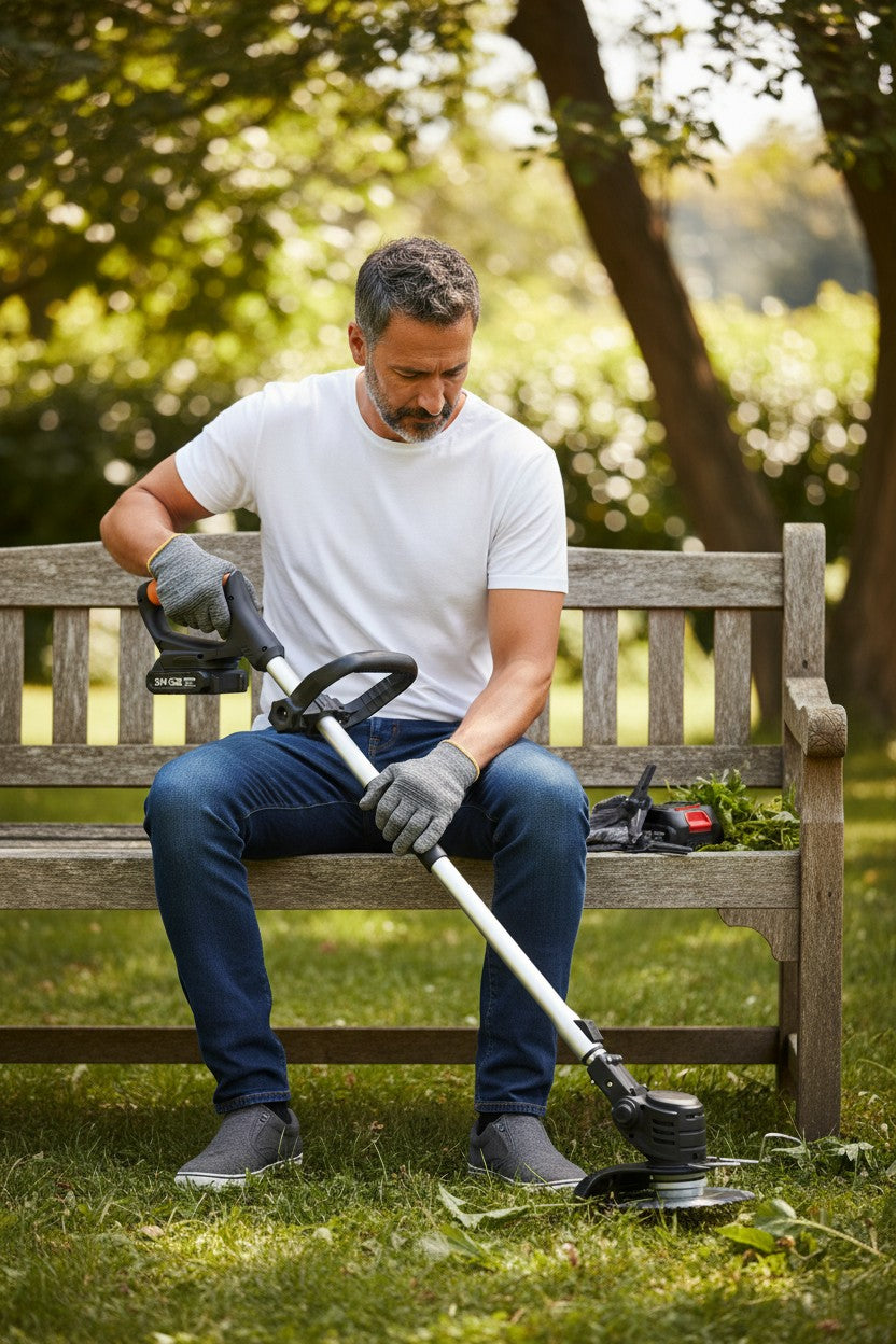 Exquisite Deal Shop LOFINKU cordless weed wacker with two 21V batteries, telescopic shaft, safety guard, and included accessories like blades, gloves, and charger.