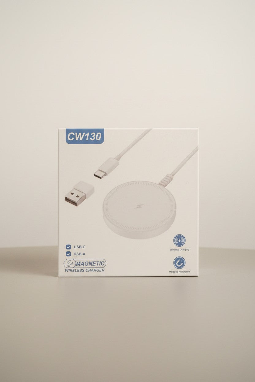 Exquisite Deal Shop CW130 white foldable MagSafe wireless charger with USB-C and USB-A ports, 15W fast charging.